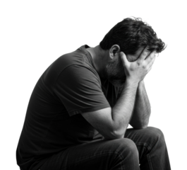 Emotional struggle of a man indoor setting black and white introspective mood. Cut out PNG