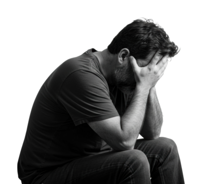 Emotional struggle of a man indoor setting black and white introspective mood. Cut out PNG