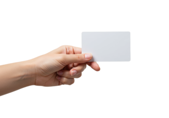 Hand holding blank card indoor setting focus minimalist style neutral concept of identity or privacy. Cut out PNG
