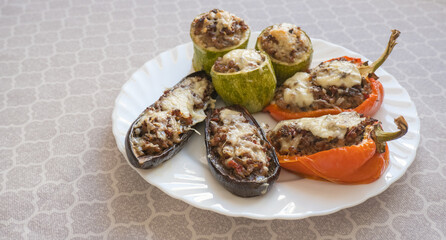 Baked eggplants, zucchini and peppers stuffed with minced meat and cheese on one plate.