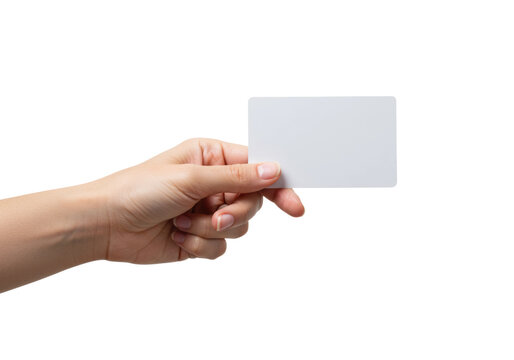 Hand holding blank card indoor setting focus minimalist style neutral concept of identity or privacy. Cut out PNG