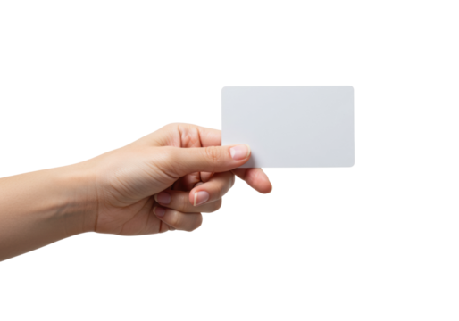 Hand holding blank card indoor setting focus minimalist style neutral concept of identity or privacy. Cut out PNG
