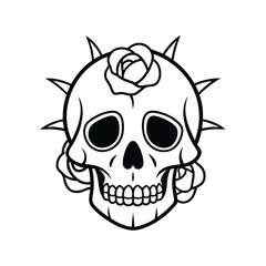 Intricate skull with roses and thorns line art doodle design