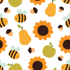 Fall seamless pattern. Cute vector illustration with bees, sunflowers, apples, pears and acorns. It can be used for wallpapers, wrapping, cards, patterns for clothes and other.