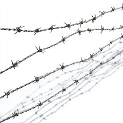 Jagged Barbed Wire Strands Against a Clean White Background, Creating an Intriguing Visual Texture