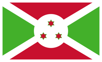 Transparent PNG file of a vector graphic of the Burundi national flag. Comprised of red and green quadrants, a white cross and circle with three red stars