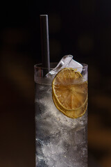 Clear cocktail with ice and dried citrus slice