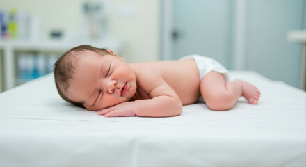 Newborn baby sleeping peacefully on examination table in clinic. Infant lying on exam table