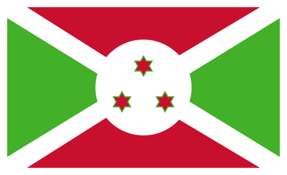 Transparent PNG file of a vector graphic of the Burundi national flag. Comprised of red and green quadrants, a white cross and circle with three red stars - Powered by Adobe