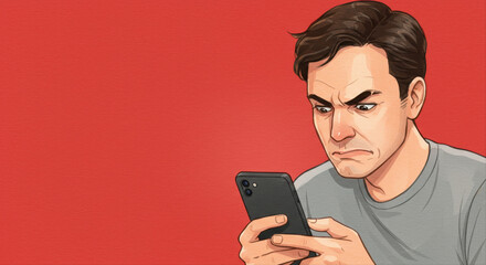 man frowning at phone screen. Frustrated male looking at smartphone with serious expression on red background  