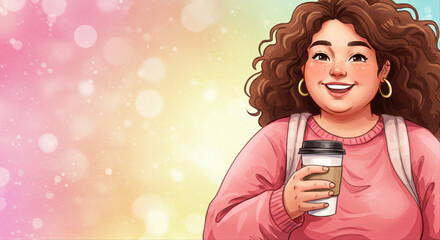 Smiling young plus size girl holding coffee cup against colorful background   