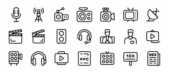 Vector media production and broadcasting vector icons set microphone camera television satellite speaker headphones 100