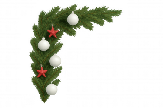 Winter decor corner with pine branches, white ornaments, red stars highlighting seasonal elegance against clean transparent backdrop