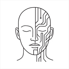 Cybernetic Humanoid Face Depicting the Fusion of Biology and Technology, Blurring Boundaries and Highlighting the Symbiotic Relationship in this Striking Black and White Image