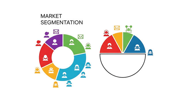 Market segmentation pie charts with customer avatars and email icons illustrating market segments ai generated