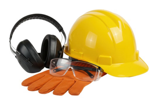 Safety gear preparation for construction workers job site equipment industrial setting workplace safety. Cut out PNG