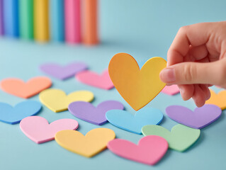 Fototapeta premium Girl cutting colorful paper hearts in a pastel creative setup