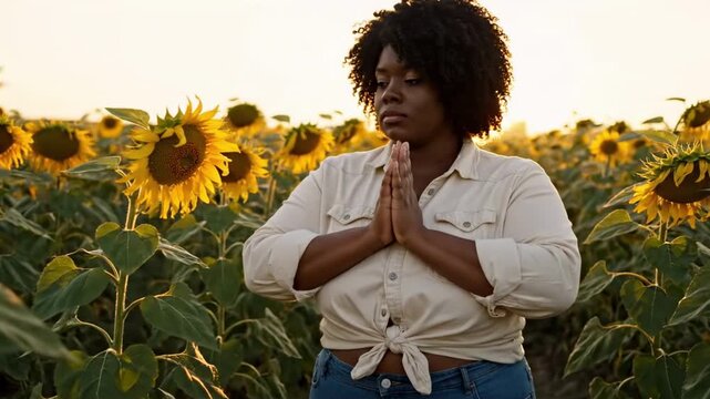 thick black woman - A woman stands in a sunflower field at sunset, with hands in a prayer position, reflecting tranquility and connection to nature, surrounded by vibrant flowers