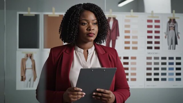 thick black woman - A focused woman in a red blazer holding a clipboard stands in a modern office, surrounded by color palettes and fashion samples, showcasing a design review process