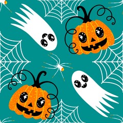 Autumn harvest vegetable seamless monster Halloween pumpkins pattern for wrapping paper and fabrics
