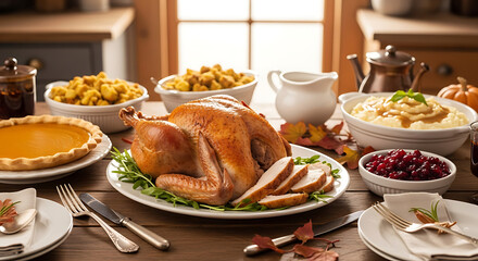 A thanksgiving feast featuring a turkey, mashed potatoes, cranberry sauce, and pumpkin pie on a table ai generated