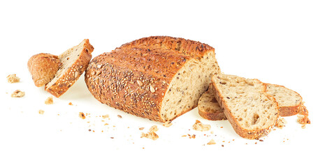 Cutting fresh baked loaf of wheat rye bread with crumbs and various seeds isolated on a white background. Whole grain bread sliced. Multi grain bread.