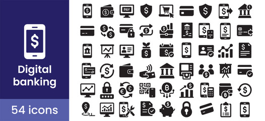 digital banking and finance icon set features mobile and online money payment symbols, representing the future of fintech with 54 glyph illustrations
