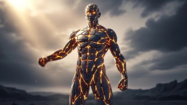 A futuristic heroic figure made of dark stone with glowing orange lava veins standing strong