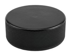 Ice hockey game action black puck on ice rink sports equipment competitive environment. Cut out PNG