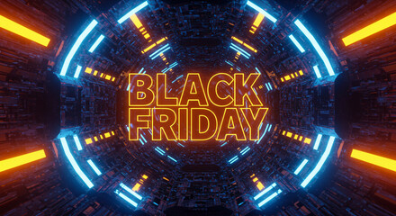 Black friday neon text in a futuristic tunnel with blue and orange lights and geometric patterns