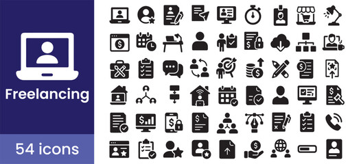 Freelance remote work and job icons for a home office business. This glyph symbol set includes illustrations for project management, contracts, and online portfolios.

