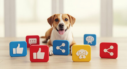 A dog lying down surrounded by colorful social media icon blocks on a light colored wooden floor ai generated