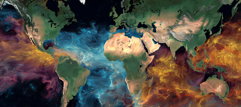 World map climate change visualization global warming earth continents oceans atmosphere weather patterns data - Powered by Adobe