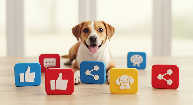 A dog lying down surrounded by colorful social media icon blocks on a light colored wooden floor ai generated