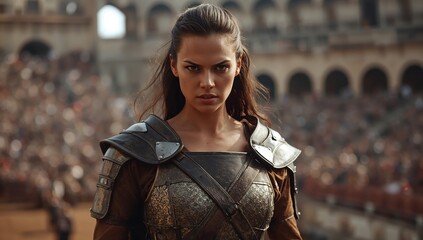 Determined female warrior within detailed armor stands in the historic colosseum arena, captured in natural daylight featuring a dramatic and intense atmosphere from a close perspective
