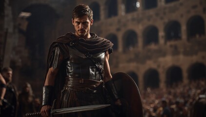 A Roman gladiator dressed within leather and metal armor stands featuring sword and shield inside the crowded ancient arena, lit by warm daylight with dramatic shadows