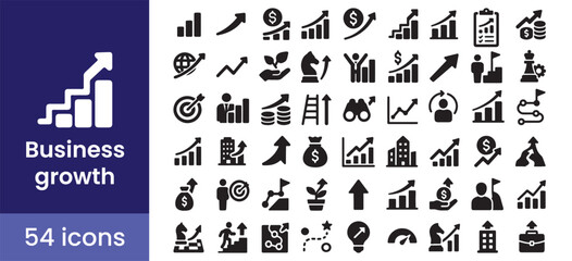 business growth and success icon set includes a chart, graph, and arrow for finance and strategy, featuring 54 glyph style illustrations for progress and development