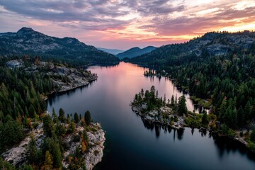 Quiet lake at sunset in California