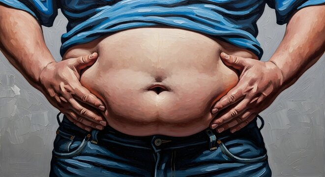 World Obesity Day Close-up of a person's belly with a lot of fat, showing skin folds and rolls, highlighting excess weight and potential health concerns