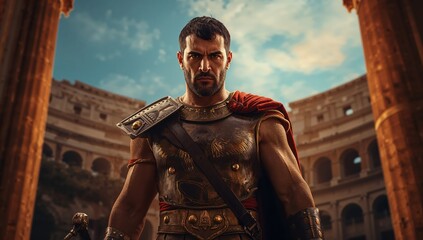 A fierce gladiator within ornate armor grips swords while standing in an ancient arena, lit by warm sunlight, featuring the blurred crowd watching in the dramatic background