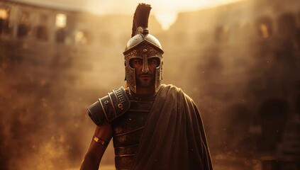 A Roman gladiator dressed within detailed armor and helmet stands in an ancient arena at sunset, featuring warm golden light and dust creating the dramatic and historic atmosphere