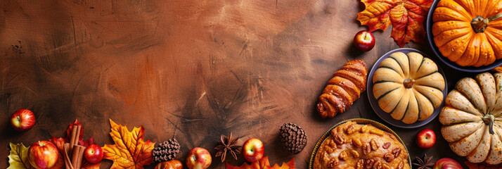 A festive Thanksgiving Day arrangement, pumpkins, autumn leaves, apples, and a pie on a rustic wooden surface, horizontal banner, copy space, free space for text