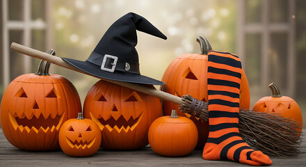 Group of pumpkins with a witch hat, broom, and striped sock for halloween decoration display ai generated
