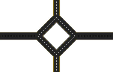Quadrilateral road in the middle with straight arms from four directions from a top view, a circular road isolated from the background, an illustration. vector eps 10
