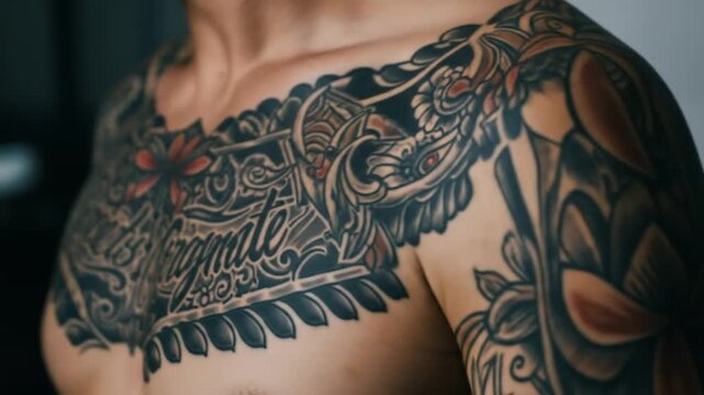 Close-up of a man's tattooed chest showcasing intricate designs and vibrant colors in a dimly lit room