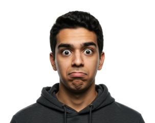 Surprised young man with expressive face studio setting portrait neutral shot human emotions. Cut out PNG