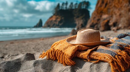 Beach vacation with hat and blanket on sand near ocean waves and rock formations travel photography
