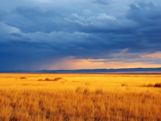 Patch of golden grassland glowing under low light with rain clouds forming