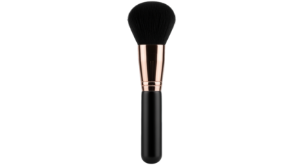 Isolated makeup brush with black bristles and copper accents stands on a pure plane