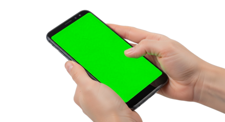 Close up of hands holding a smartphone with a vibrant green screen against simple background.